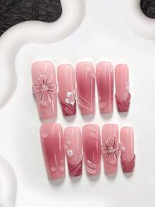 10件套雨季风多功能凝胶美甲套装，亚克力压制甲片，手绘纯色水波纹、雨滴、白色五瓣花图案、四瓣纯色花朵、白色珍珠装饰，优雅精致风格，是送给女性和女孩的理想礼物。 - 彩色 - 查看 12