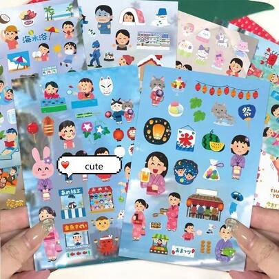 8张/包（随机A或B）日系动漫人物贴纸簿，迷你娃娃贴纸书，日文表情文字贴纸，复古日记风格手机壳装饰贴纸，日记装饰材料模切贴纸，表情迷你娃娃模切标签，创意材料贴纸，DIY手账文具贴纸套装，可用于装饰笔筒、铅笔盒、卡套、A4活页夹、铅笔和桌子，学习用品
