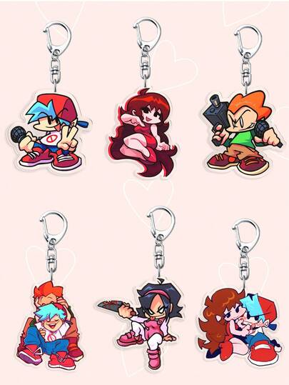 1/6個 カートゥーン FNf Friday Night Funkin' アクリルキーホルダー、Y2Kスタイルキャラクタープリントアクリルキーホルダー、キーホルダー、車用キーリング、デイリーバックパック、バッグチャーム、ランヤード、キーホルダー。彼氏、彼女、家族、医師、看護師、携帯電話の装飾など、様々な用途に最適