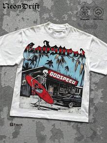 Street Life Men's Y2k Style Graphic Funny Printing (220 Pure Cotton T-Shirt) Godspeed Skull Tee: Surf & Atlanta Vibe,Men's Summer Round Neck Short - 白色 - 查看 2