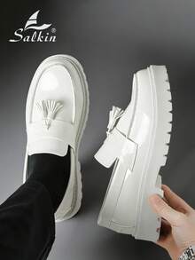 Salkin New Fashion Designer Men's Slip-On Loafers With Tassels, Elegant Gentleman Social Shoes, Glossy Patent Leather, Soft & Comfortable, Pearl White Color, Casual Daily Wear, Back To School Student Style, Thick Sole Height Increasing, Business Formal Dress Shoes, Suitable For Office, Party, Wedding, Holiday Gift, Spring/Summer/Autumn, Size Runs Small, Please Order One Size Up - White - View 2