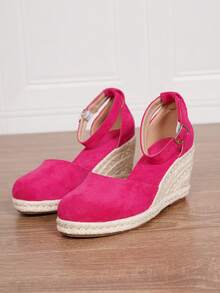 女士厚底坡跟一脚蹬鞋，女士厚底坡跟凉鞋，简约踝带草编鞋，人造革坡跟凉鞋，夏季度假风玫红色方头3.15英寸高跟踝带一脚蹬鞋，舒适编织镂空草编鞋，尺码34-43，大码女鞋，女士高跟鞋，女士高跟凉鞋，女士高跟鞋，优雅女鞋 - 玫紅色 - 查看 7