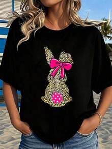 Camiseta de Conejo de Pascua Coqueta con Lazo de Leopardo para Hombres y Mujeres 2026, nuevas camisetas impresas para mujeres, estilos populares, camisetas de primavera para mujeres, camisetas de invierno, camisetas de para mujeresás vendidas - Negro - Ver 5