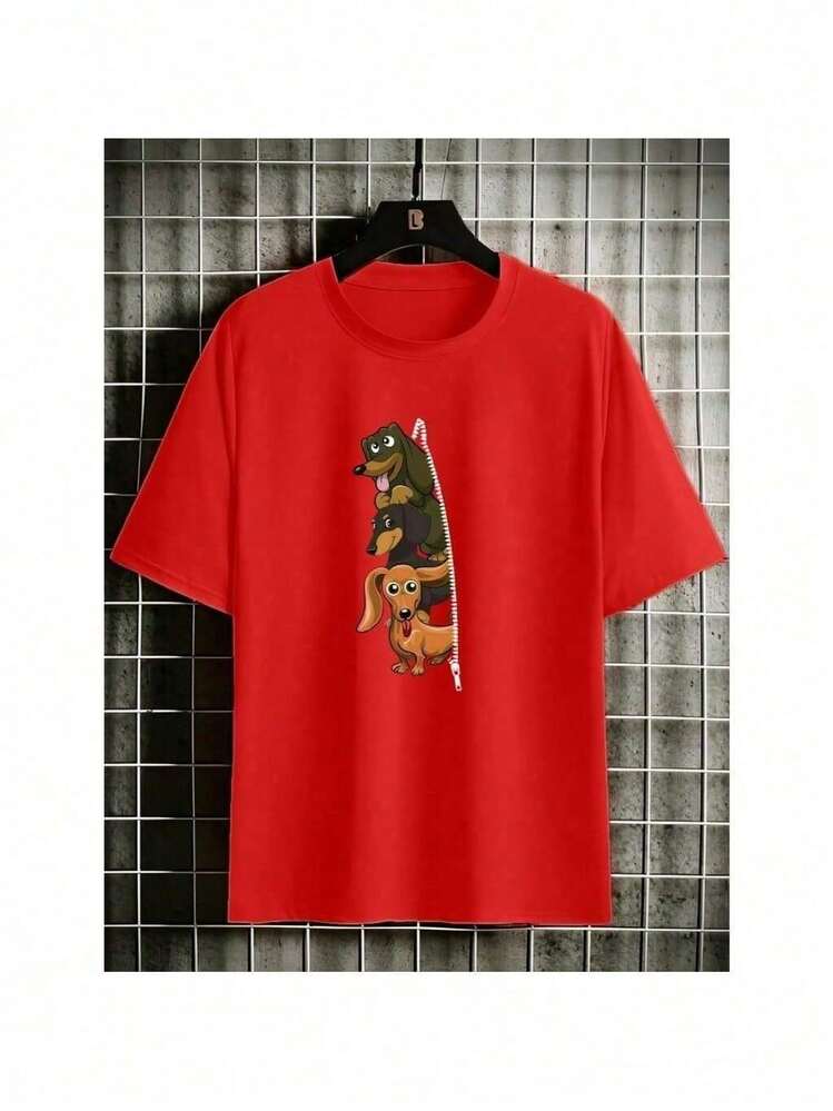 Women's T-Shirt With Printed Dachshunds And Sausage Dogs (3 Designs), 100% Cotton, Comfortable, Spring/Summer Collection - 紅色 - 查看 1