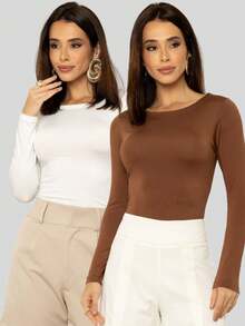 Set Of 2 Women's Long-Sleeved Round Neck Blouses For Autumn/Winter - Trắng và Sô cô la - Xem 4