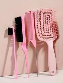 5件套造型梳套装，男女通用，包含发刷、梳子、头皮按摩刷、大女儿柔顺秀发大弯梳、钢针尖尾梳、宽齿造型梳、八齿梳等。（1件套、2件套、6件套）共9排梳子 - 彩色 - 查看 7