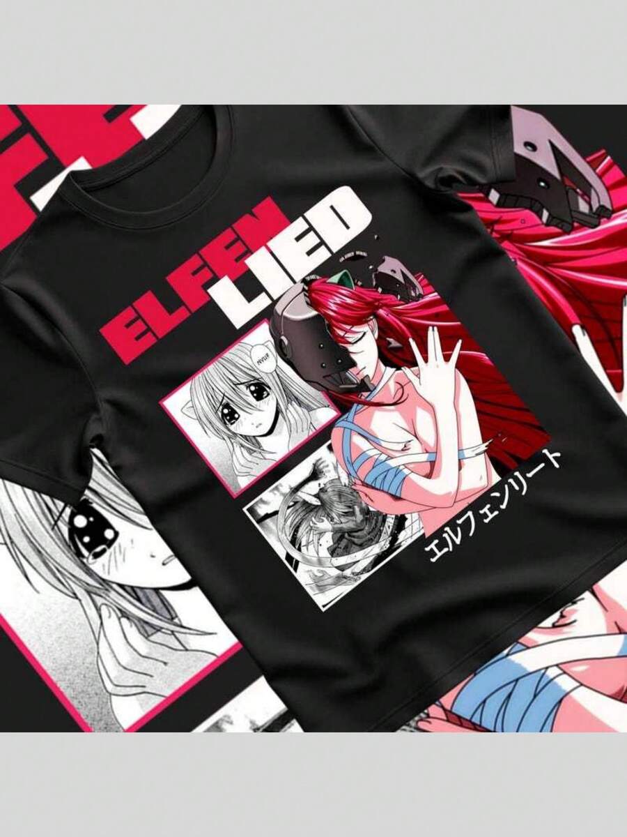 Unisex Elfen Lied Lucy Anime T-Shirt, Nyu, Kaede Manga Waifu Shirt Tshirt Horror Anime, Birthday Gift, Personalized Gift, Gift T-Shirt. - Negro - Ver 1
