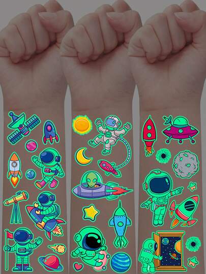 5pcs Glow-In-The-Dark Tattoo Stickers, Space Series, 68 Cute Cartoon Space Detector Astronaut Alien Planet Spaceship Rocket Element Pattern Temporary Tattoos, Perfect Birthday Party Gift, Body Art Fun Makeup Temporary Tattoo, Waterproof Lasts 2-5 Day