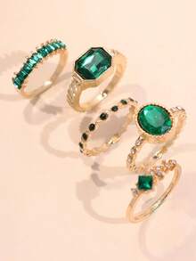 Set de 5 anillos elegantes, versátiles y casuales con elegantes piedras de rhinestone verdes y dorados, adecuados como regalo para la novia, boda o compromiso - Multicolor - Ver 4