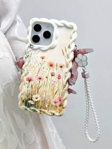 花卉彩绘编织波浪边可拆卸手链简约防震加厚手机保护壳，印花设计，兼容 17/17 Pro/17 Pro Max、16 XR/7/8、15 Pro Max、12 Pro Max、13 Pro Max、14 Pro Max、13、14、11、12、P14、P11、P12、XS、XR、7/8、P、7G ES2 手机壳 - 彩色 - 查看 4