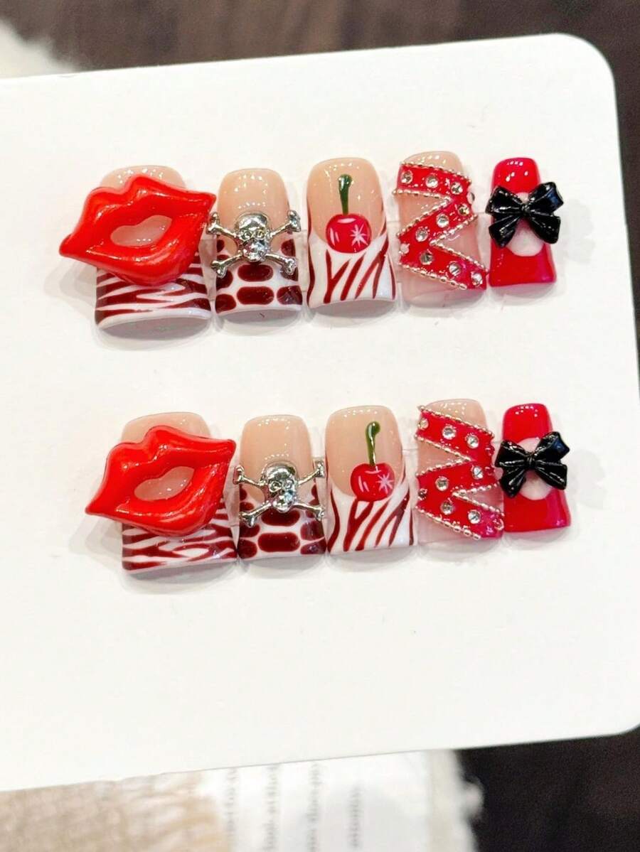 10片装短款鸭嘴手工美甲贴纸，适合派对和日常佩戴，“火辣红唇”、樱桃、蝴蝶结图案，性感女孩风格，短款鸭嘴美甲贴纸，易于佩戴，10片装Y2K风格手工美甲贴纸，适合女孩和女性，节日派对、音乐节、日常佩戴、情人节、母亲节礼物，按压式美甲贴纸