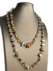1pc Vintage Random Mixed Color Asymmetrical Shell Double Layer Sweater Chain Light Luxury Retro Natural Stone Beaded Long Necklace, Daily & Party Wear Accessory - Necklace - View 2