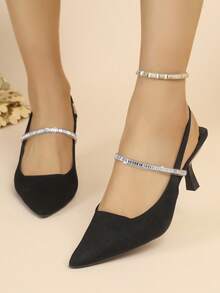 New Women's High Heel Pumps, Black Suede Pointed Toe Stilettos, Solid Color With Elastic Closure And Rhinestone Strap, Suitable For Work And Dates, Spring/Summer/Autumn - Black - View 17