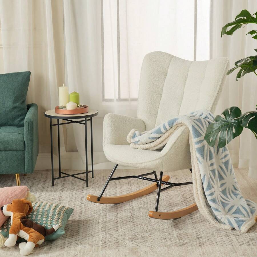 Meubles Cosy Ghế thư giãn bập bênh bọc vải nỉ màu trắng ngà, khung kim loại và chân gỗ sồi, kiểu dáng hiện đại cho phòng khách, kích thước 68x85x98cm. - Màu be - Xem 1