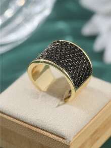 Vintage Luxury Wide Band Women's Ring. This Elegant Black Ring Is Inlaid With Synthetic Zirconia, Making It A Perfect Choice For Festivals, Parties, And Gift-Giving. - Golden - View 7