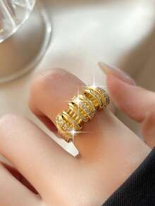 1pc Creative Multi-Level Lines Gold Plated Openable Rings Old Money Style Cubic Zirconia Women Ring For Birthday Festival Mother's Day Anniversary Gifts Copper Jewelry - Yellow Gold - View 2