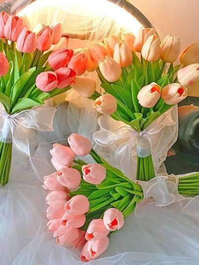 10pcs High Quality Artificial Tulip Flower Bouquet, Multi-Color PU Tulips Fake Flowers, Suitable For Home Decor, Easter, Mother's Day, Valentine's Day, Wedding, Party