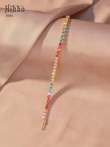 Hihho 1条多色渐变锆石手链，甜美多彩风格，提供彩虹渐变和纯色渐变两种选择，采用“密镶锆石+渐变色”设计，充满活力，视觉效果极佳。适合外出、约会等各种场合佩戴（颜色顺序随机）。 - 金色 - 查看 13