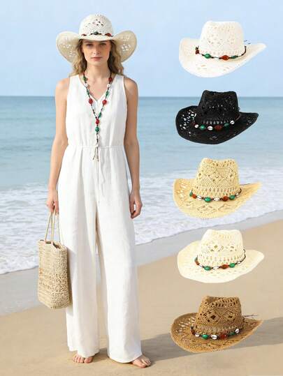 1pc White Hollow Straw Beach Hat, Breathable Woven With Colorful Beaded Band, Vintage Wide Brim For Summer Vacation, Music Festival, Beach Outfit