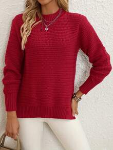 Chunky Mock Neck Knit Sweater, Long Sleeve Balloon Sleeve Pullover Fall Winter Outfit, Relaxed Fit Side Slit Textured Knit Top | Soft Breathable Knit | Multi-Color Options | Perfect With Jeans Casual Textured Knit Balloon Sleeve Sweater | Mock Neck & Ribbed Cuffs | Oversized Loose Fit | Soft Lightweight Fabric | Streetwear & Lounge Essential | Vibrant Solid Colors | Brunch & Date Outfit - Red - View 4