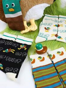 4双装春秋新款可爱卡通鸭子图案透气吸湿条纹中筒袜（女款） - 彩色 - 查看 9