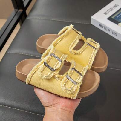 1 Pair For 3-12 Years Old Boys And Girls, Yellow Fringed Edge With Hook And Loop Buckle, Shiny PU Leather Anti-Slip Wear-Resistant Breathable, Hook And Loop Double Wide Straps Open-Toe Flat Sole, Bright Retro Casual Style Slippers, For Daily Home School Beach Parties Best Seller