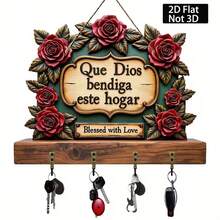 1pc Wooden Flat Key Holder With 4 Metal Hooks - "Que Dios Bendiga Este " Spanish Design, Floral Wall Decor, Suitable For Home, Porch, Villa - Multifunctional Seasonal Decoration, Key Hook Wall, Key Rack Wall, Key Hanger Wall, Key Hooks, Wooden Key Rack Wall - Multicolor - View 4