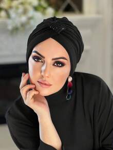 Women's Solid Color Muslim Headscarf With Rhinestone Decoration - Black Sequins - View 6