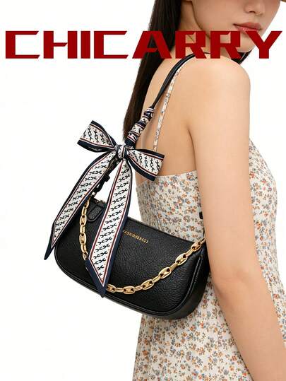 夏季优雅女士单肩包，经典字母图案纯色防水PU斜挎包/月牙包/腋下包，适合购物，也可斜挎。配有链条手柄装饰和蝴蝶结丝巾，适合女性、女大学生、通勤族、约会、日常出行及各种场合。