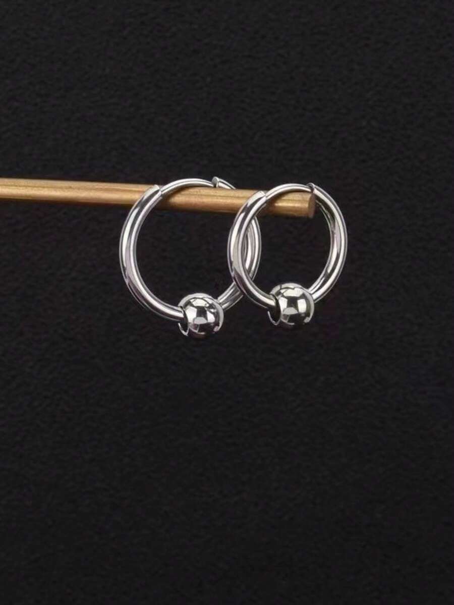 2 piezas Pendientes de aro de acero inoxidable plateado para hombres - Plateado - Ver 1