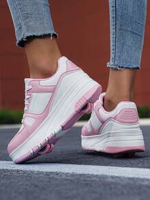 Campus Student Girls Detachable Wheeled Shoes, Low-Top Lace-Up Roller Shoes, Lightweight, Durable And Non-Slip, Suitable For Outdoor Activities - Pink - View 4