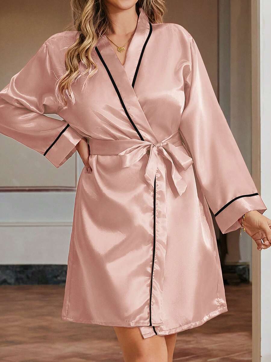 1pc Women's Solid Color Elegant Tie-Waist Lightweight Sexy Short Robe, Silk Comfortable Sleepwear For Home Use