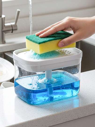 1pc Pump Soap Dispenser 2-In-1 Distributor With Sponge Holder, Includes 1 Sponge, Compact Square Sink Organizer, Kitchen Accessories. Our 2-In-1 Soap Dispenser Comes With A Sponge Holder To Keep Your Countertop Clean, Tidy And Organized - Bringing Real Change To Your Home!