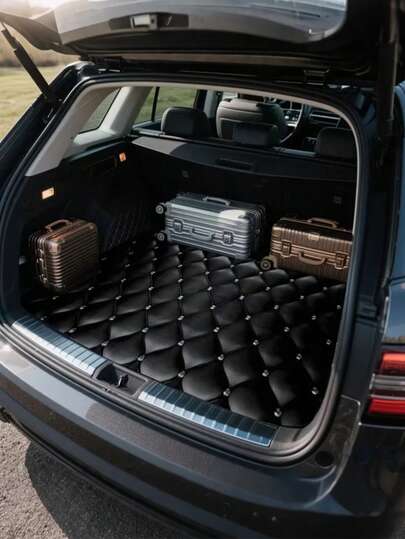 1 件黑色菱形图案后备箱垫 - 耐用涤纶材质，适用于日常通勤、装卸货物、汽车后备箱、汽车内饰装饰、节日礼物