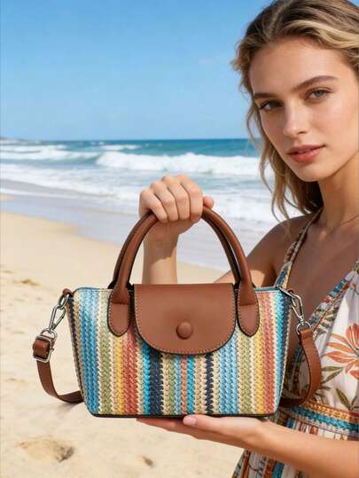1pc Colorful Striped Dumpling Shaped Hollow Out Tote Bag, Unique Design Suitable For Beach, Vacation, Shopping