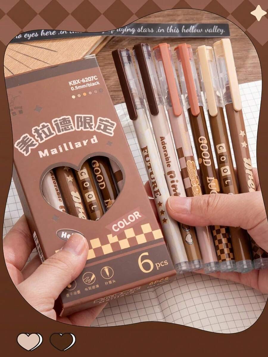 6 Pieces (1 Box) Maillard Gel Pen Set Coffee 0.5mm Ball Point Pen Black Quick Drying Ink, Suitable For Writing Office School