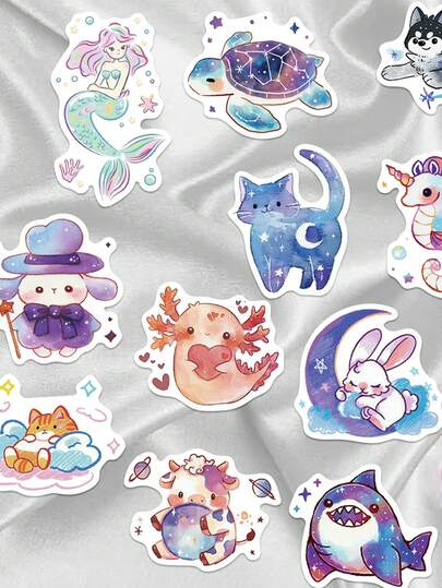 53 stuks aquarelstickers met sterrenhemel en kleine dieren voor scrapbooking, planners, telefoonhoesjes, notitieboekjes, tablets, bagage, gitaren, skateboards en viooldecoratie.
