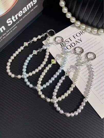 1条方形金属吊牌玫瑰花珍珠手机挂绳，优雅水晶钥匙扣挂绳，短款手机挂绳