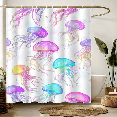 1pc Simple Colored Jellyfish Shower Curtain, Cartoon Jellyfish Printed Shower Curtain, Suitable For Various Room Doors, Windows, Bathroom Decoration Partitions, Bathroom Accessories,