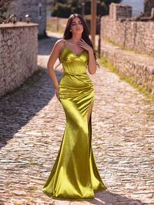 Faeriesty Glamorous Women's Sleeveless Knitted Fabric Long Dress With Spaghetti Straps Slit And Zipper For Evening And Formal Occasions - Olive Green - View 2