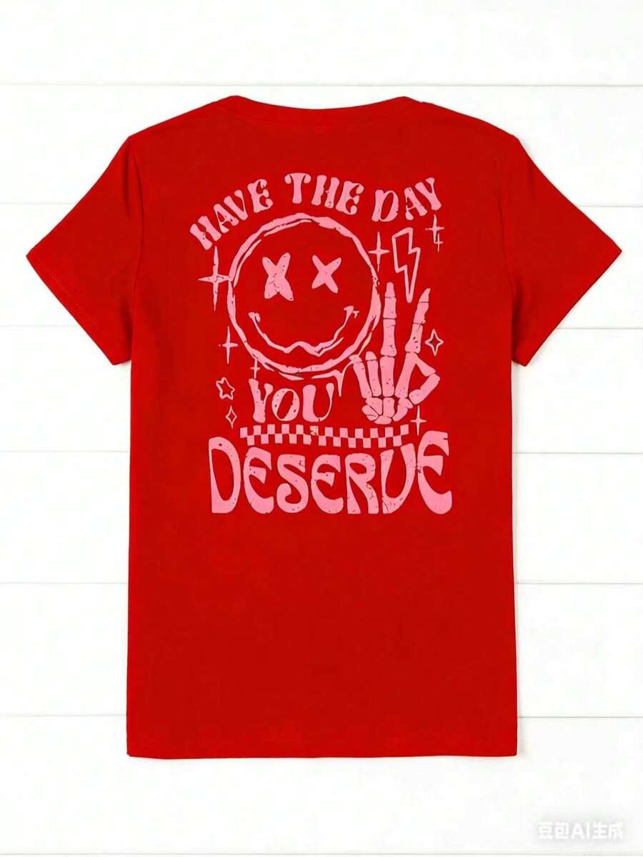 Women's 'Have A Day You Deserve' Graphic T-Shirt - Black, Breathable Short Sleeve Crew Neck Top With Happy Face And Letter Design, Casual Summer Wear - 紅色 - 查看 1