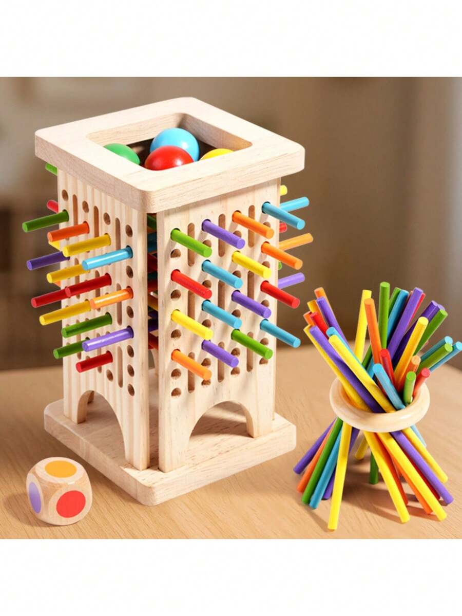 拉桿益智玩具，親子互動堆疊塔遊戲，幫助孩子培養專注力。包含木桿、骰子與珠子。兒童發展的完美禮物，生日與節日禮品首選
