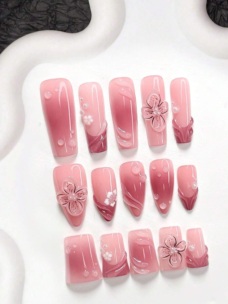 10件套雨季风多功能凝胶美甲套装，亚克力压制甲片，手绘纯色水波纹、雨滴、白色五瓣花图案、四瓣纯色花朵、白色珍珠装饰，优雅精致风格，是送给女性和女孩的理想礼物。 - 彩色 - 查看 1