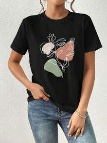 Camiseta Casual para mujer con corte holgado, estampado floral, cuello redondo y manga corta. Adecuada para verano. - Negro - Ver 5