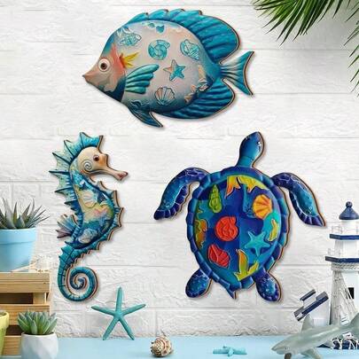 1/3件套木制海马、海龟和鱼墙饰，夏季海洋主题装饰，适用于客厅、卧室、厨房、浴室和家居装饰，是海洋爱好者的完美礼物