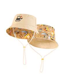 1 件儿童双面恐龙印花渔夫帽，男女通用日常户外防晒渔夫帽 - 米色 - 查看 2