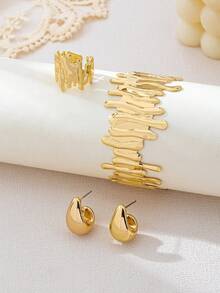 Set de 4 piezas de joyería de moda con forma de gota de agua geométrica hueca de metal, incluyendo anillo, pulsera y aretes para mujeres - Amarillo Oro - Ver 3
