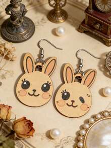 Bohemian Wooden Cartoon Rabbit Earrings, Cute Asymmetric Earrings For Women, Easter Rabbit Earrings - Multicolor - View 4