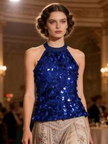 Women's Solid Color Sequined Crew Neck Halter Top  Soft Breathable Y2K Daily Club Party - Blue - View 5