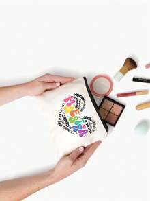 Multi-Color "Maestra" Letter & Heart Pattern Cosmetic Bag, Cute Large Capacity Storage Pouch, Daily Toiletry Makeup Bag, Multifunctional Storage Bag, Lightweight Travel Handbag, Exquisite Gift, Travel Souvenir For Friends, Essential Travel Storage Bag, Suitable For Work, School, Travel, Picnic, Camping, Outdoor Adventure, Valentine's Day Gift - Multicolor - View 9